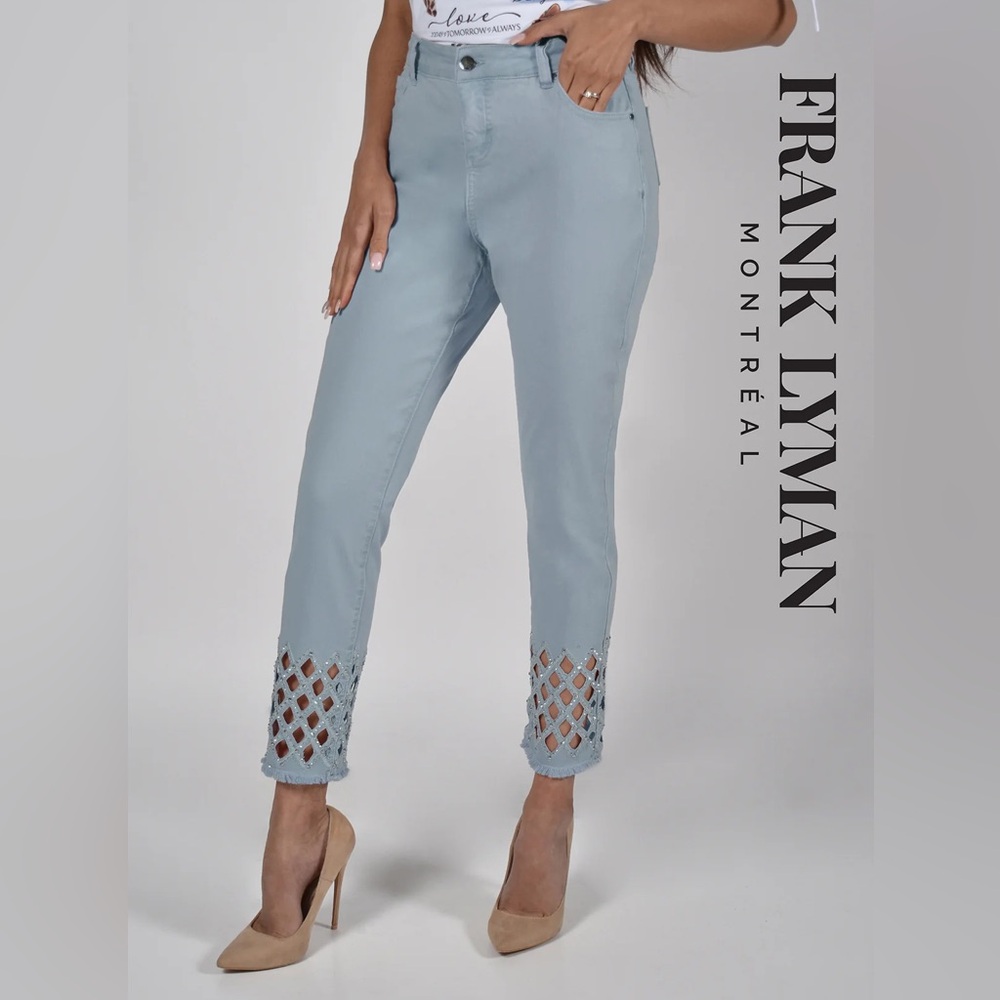 Frank Lyman | Denim Jeans Rhinestone Cut out Hem